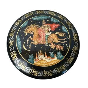 Palekh Russian Lacquer Brooch Ruslan and Ludmilla Hand Painted Signed ML 2"